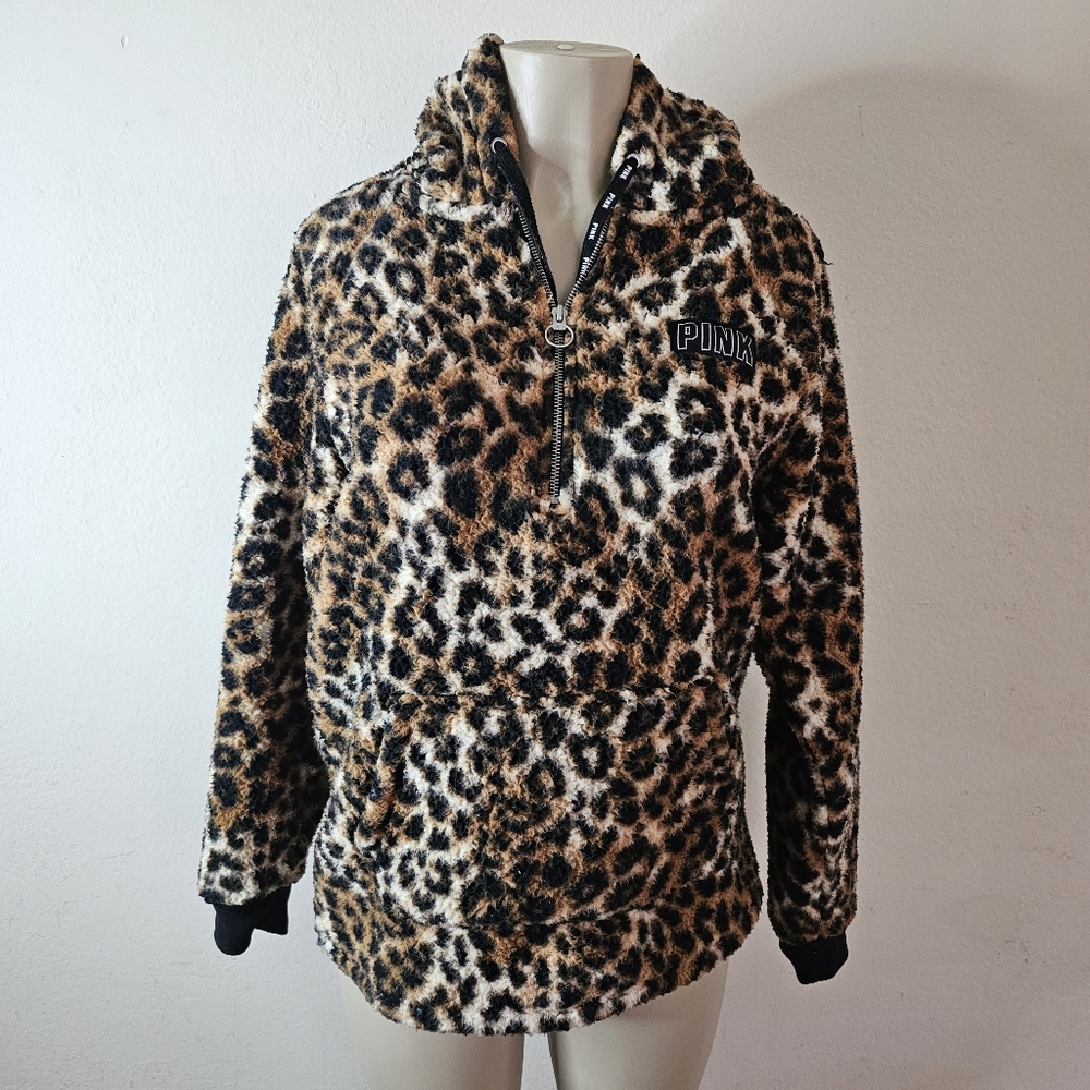 VICTORIA’S SECRET pink leopard  sherpa hoodie pullover SMALL